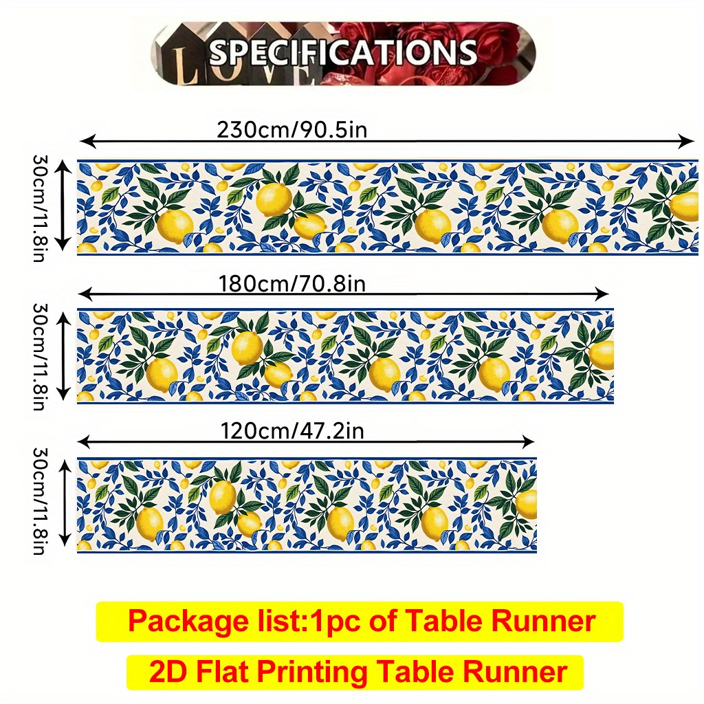 E-shop Tischläufer mit 2D-Flachdruck, ., Polyester-Tischläufer mit Zitronen- blauen Blättern, geeignet für Restaurant-, Kaffee- oder Esstische,