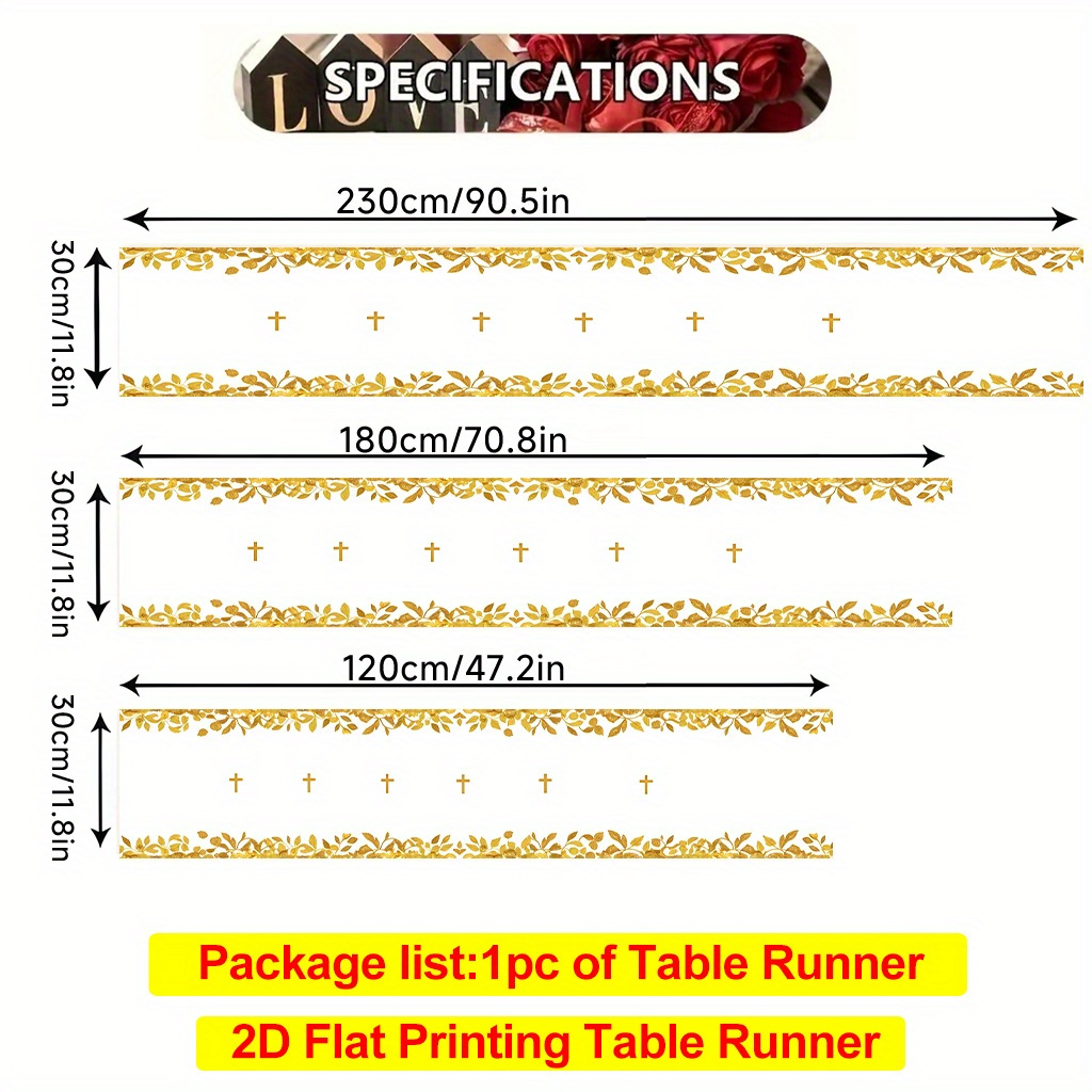 2d Flat Printing Table Runner 1pc, Golden Cross And Leaves Polyester Table Runner Suitable For Restaurant, Coffee Or Dining Tables, Tv Stands, Festival & Decorative Tablecloth, Easy To Clean
