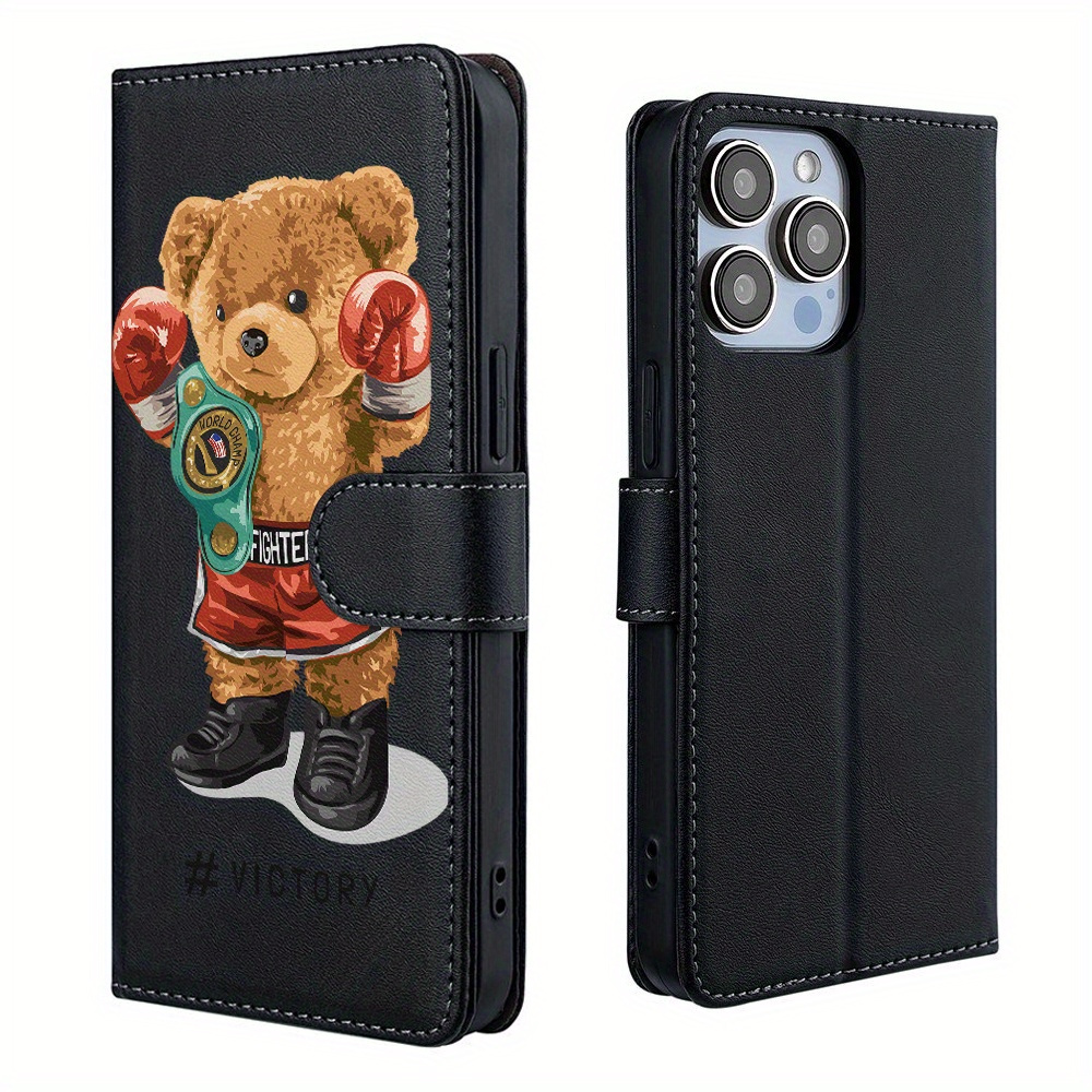 TEMU Phone Case: Christmas Gifts Boxing Bear With Gloves Pattern Synthetic Leather Flip Wallet Phone Case With Card Slot, Suitable For Iphone 17 Pro