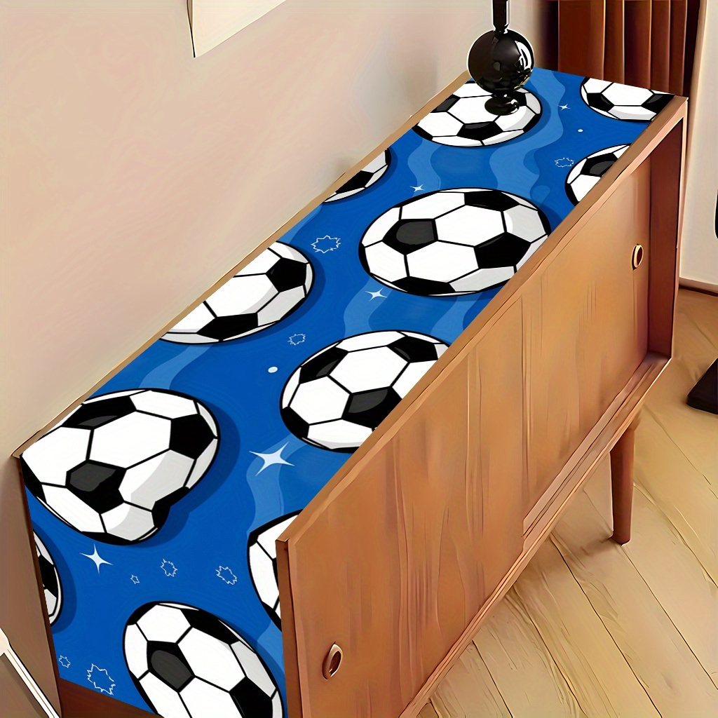 TEMU 2d Flat 1pc, A Pattern Of Soccer Balls On A Blue Background1, Printed Table Runner, Decorative Polyester Rectangular Tablecloth For