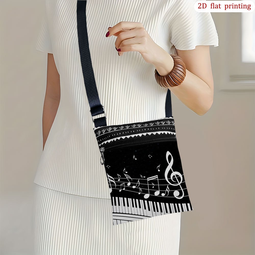 TEMU 1pc Music Note & Treble Clef Crossbody Bag - Adjustable Strap Lightweight Small Purse With Treble Clef & Piano Notes Print, Durable Casual
