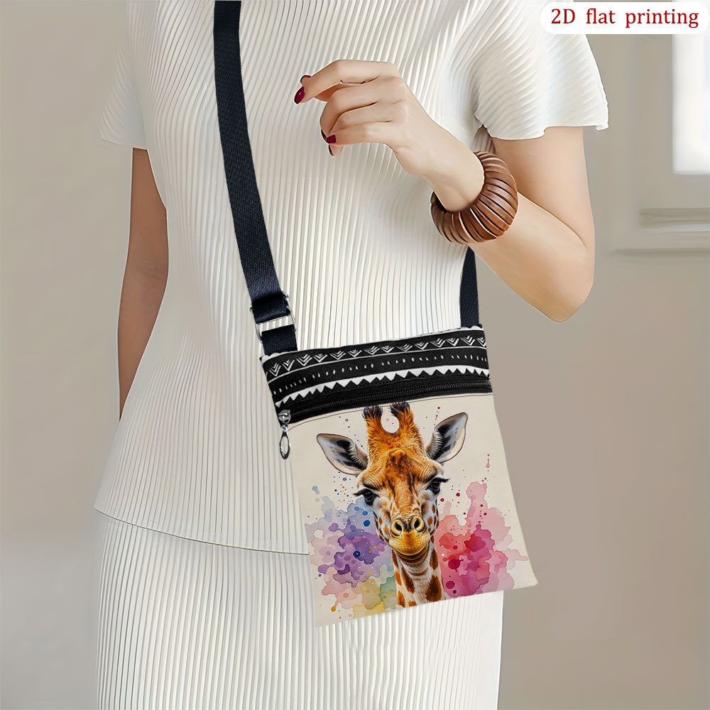 TEMU 1pc A 2d Flat-printed Giraffe Watercolor Art Splash Crossbody Bag For Everyday Use, Featuring A Vibrant Design And Durable Fabric. This Small