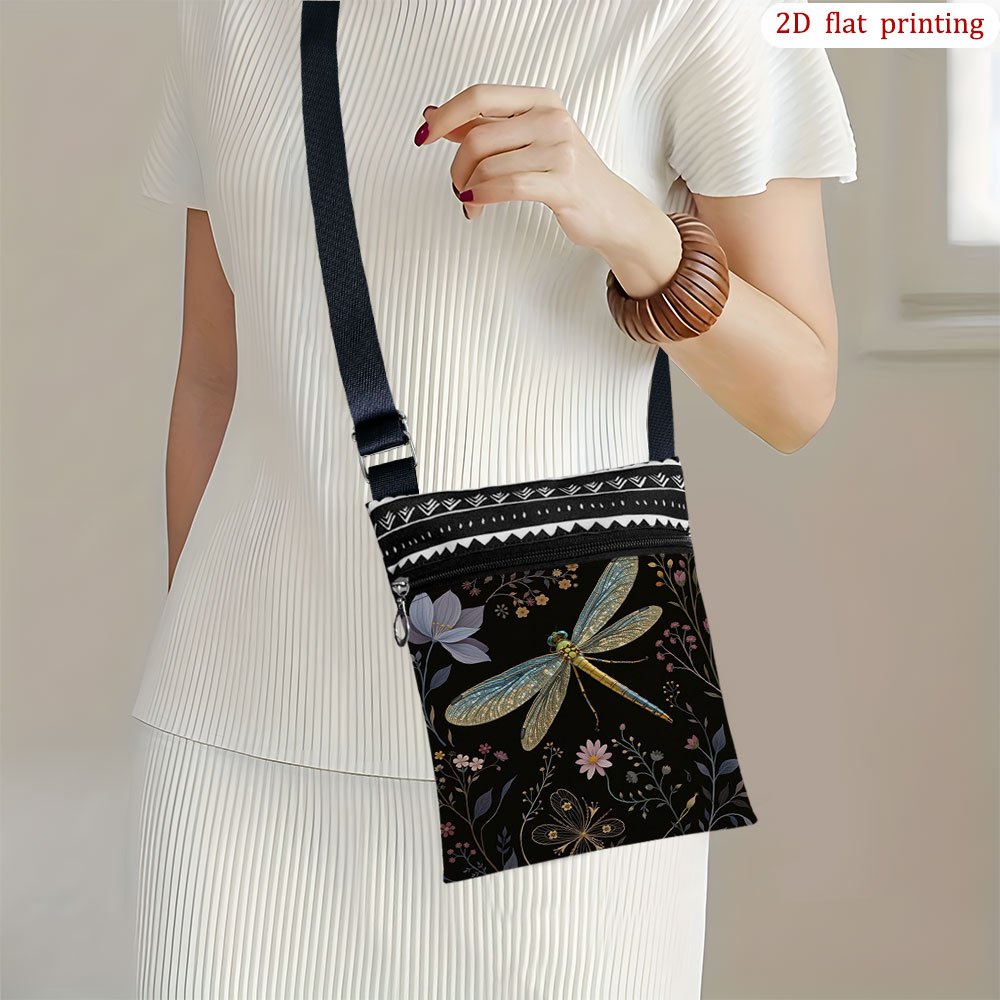 TEMU 1pc [2d Flat Printing] Dragonfly Floral Black Petal Wing Crossbody Bag For Daily Use, Featuring Bright Patterns, Sturdy And Portable Small Gift