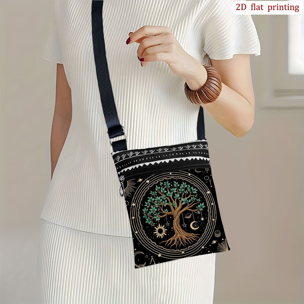 TEMU 1pc Tree Of Life/star/moon Crossbody Bag With Adjustable Strap & Zipper Closure - Casual Durable Handbag Suitable For Beach Trips, Daily