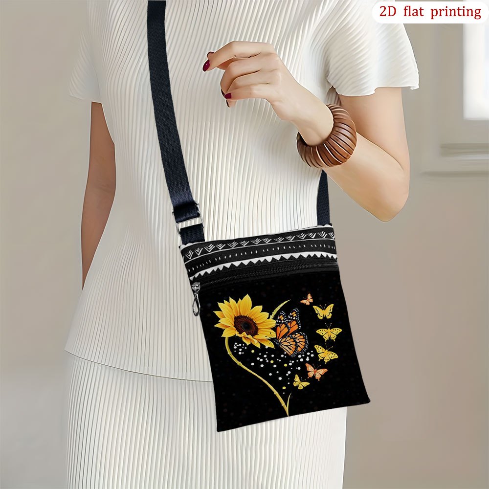 TEMU 1pc A Flat Printed Crossbody Bag Featuring A Vibrant Sunflower, , And Heart . Made From Durable Fabric, This Small Favor Bag Is Perfect For