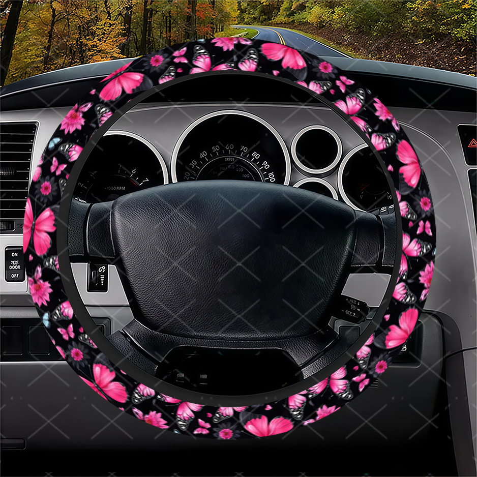 TEMU Pink Flower And Steering Wheel Cover, Durable & Stylish Design, Fit Cars, Suvs, Trucks, Car Interior Accessories For Women Men, No Required, Car