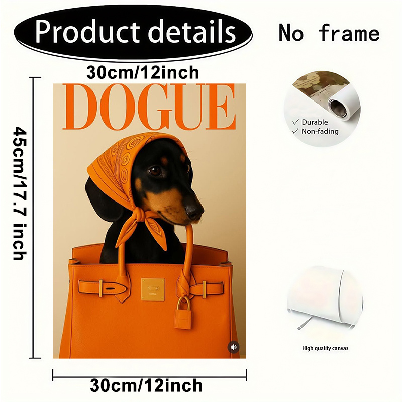 E-shop 2D-Flach, [2D-Flach] ., Rahmenloses Leinwandbild, „: Eleganter Hund mit Handtasche – Minimalistisches Mode-Kunstwerk für “, 12x18 Zoll, 2D-Flach