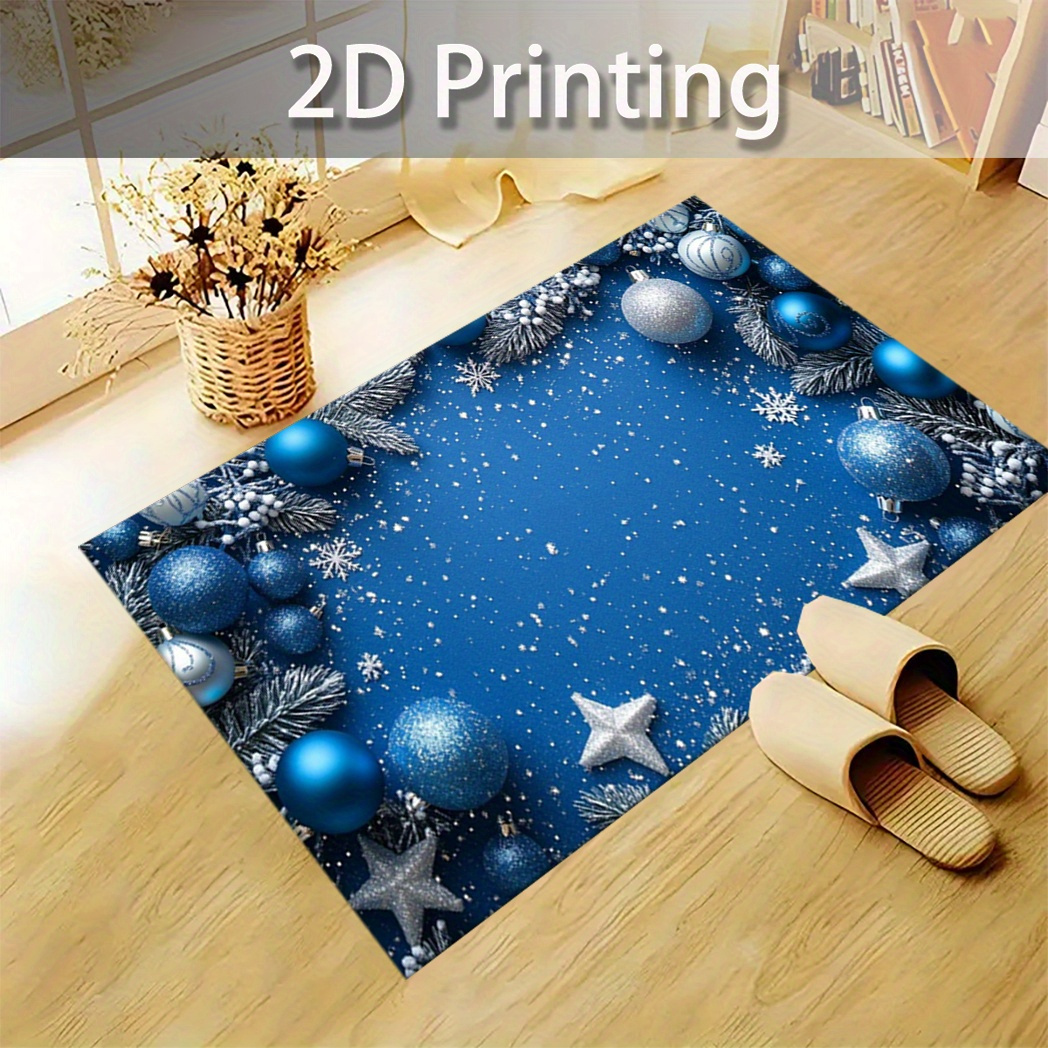 TEMU Tapis 2D Imprimé Bleu et Argent Bille de Noël, Décoration de Noël, Tapis Rectangulaire Antidérapant pour Salon, Convient pour Chambre à Coucher