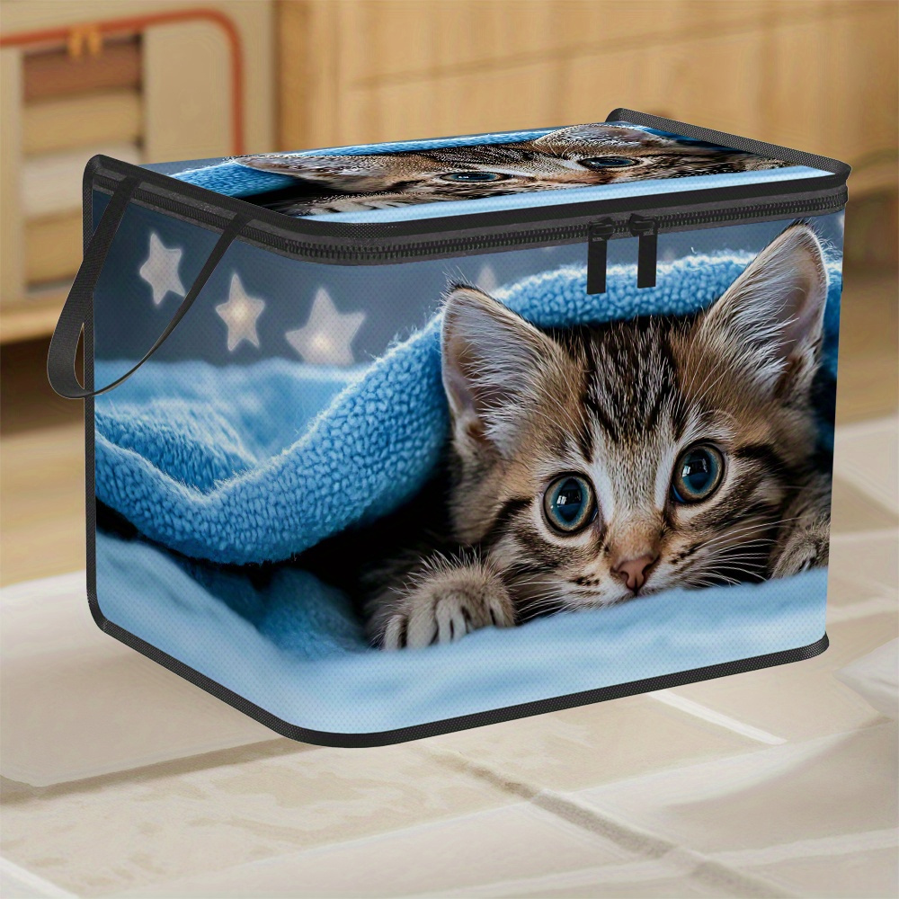 TEMU Boîte de rangement pliable à fermeture éclair, 1 pièce, avec imprimé motif 2D d'un chaton sur un lit et regardant . pour les , , les vêtements,