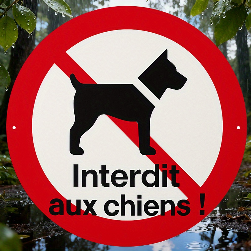 TEMU Plaque plate 2D - Plaque ronde vintage en aluminium de 8 pouces avec un panneau français "Chiens interdits", pour les cafés et les restaurants,