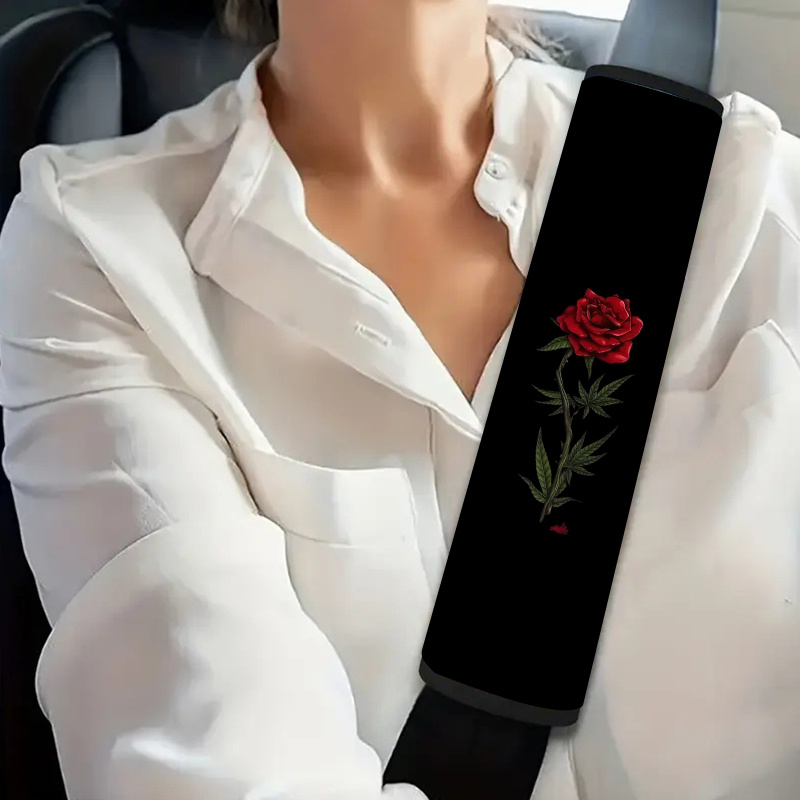 TEMU Single Red Rose Seat Belt Cover, Stylish Design, Padding Straps For Any Vehicle, Polyester Fiber Shoulder Strap Cover, Car Interior Decoration