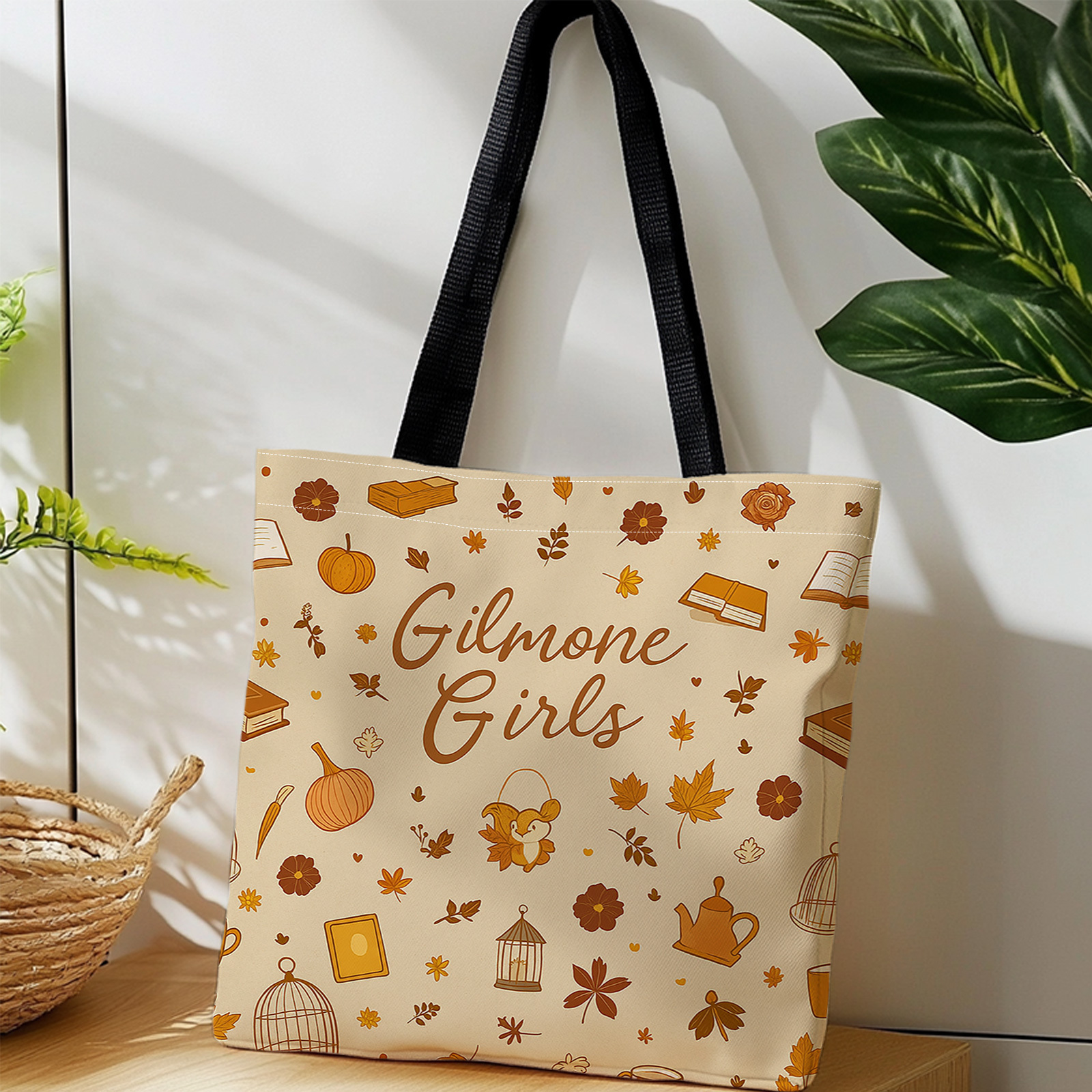TEMU 1pc Double-sided Printed Bag Featuring Books, Pumpkins, Squirrels, And "gilmone", Suitable For Daily Commuting, Shopping, Student Use, Travel,
