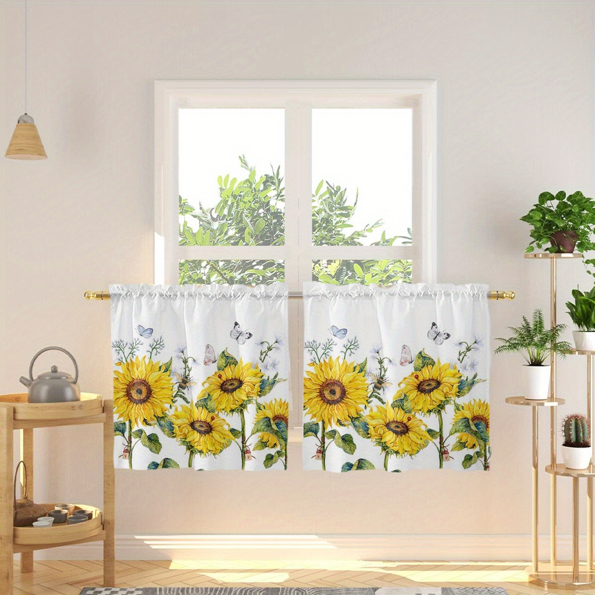 TEMU 2pcs Small Kitchen Curtains, White Curtains With Sunflower, , And Small Flower Print, Decorative Short Blackout Kitchen Curtains For Kitchen