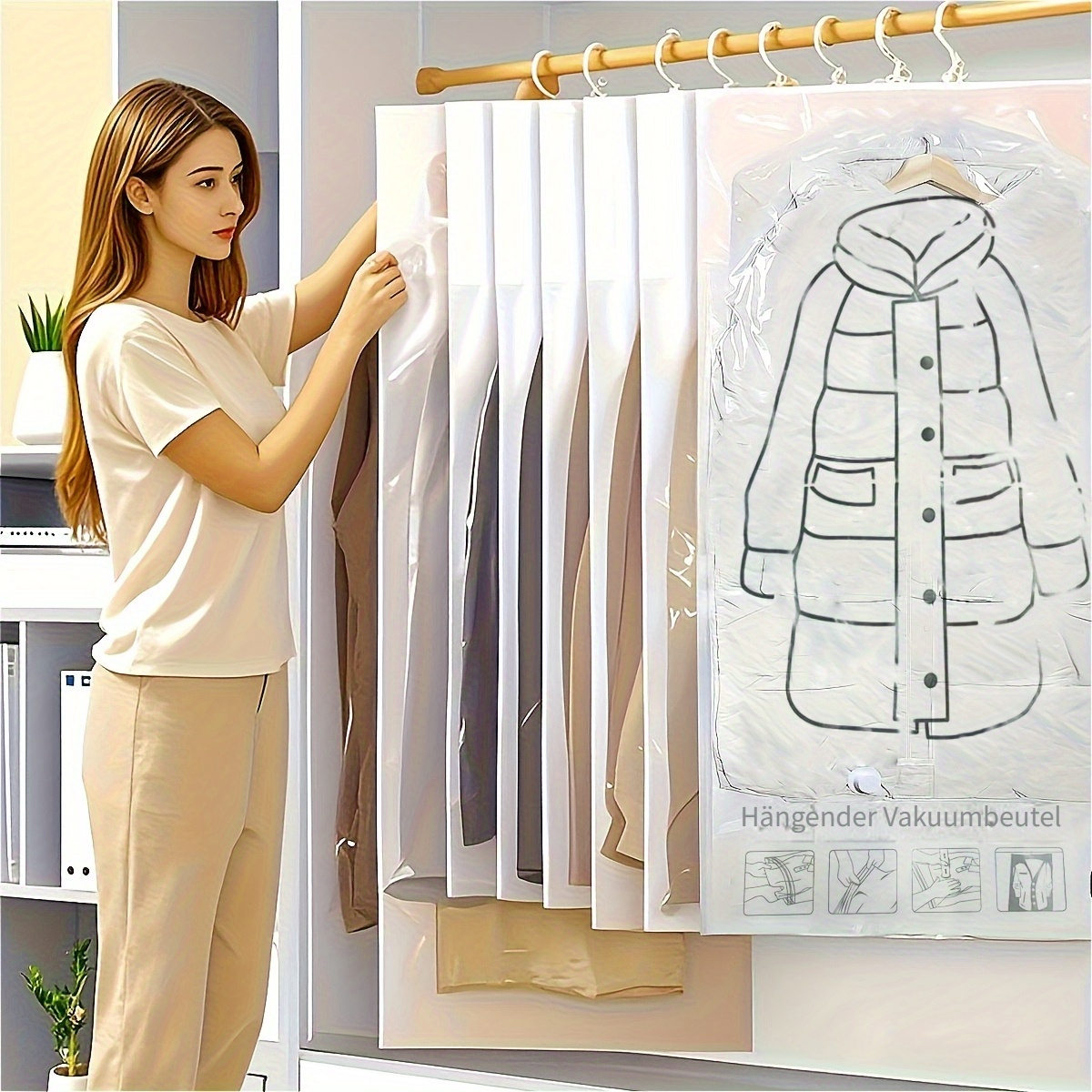 8 Stück Hängende * für Kleidung, Anzüge, Jacken – Platzsparender Kleiderschrank-Organizer mit transparenter Vorderseite & weißer Rückseite, Plastik-* für Reisen & Schrankorganisation (Vakuumiergerät