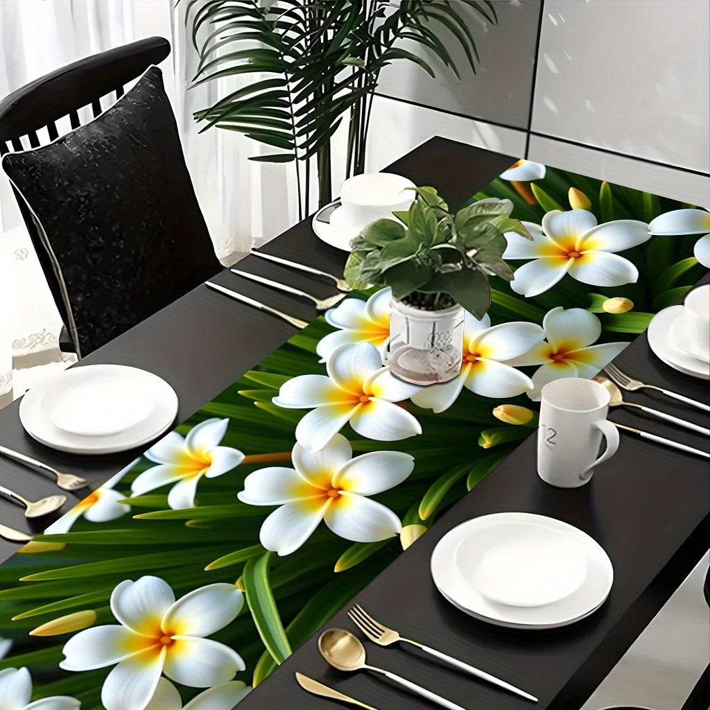 E-shop 2D-flach bedruckter Tischläufer ., üppig blühendes Frangipani, Tischläufer-Stil, geeignet für Esstische, Partys verschiedene Anlässe, mehrere
