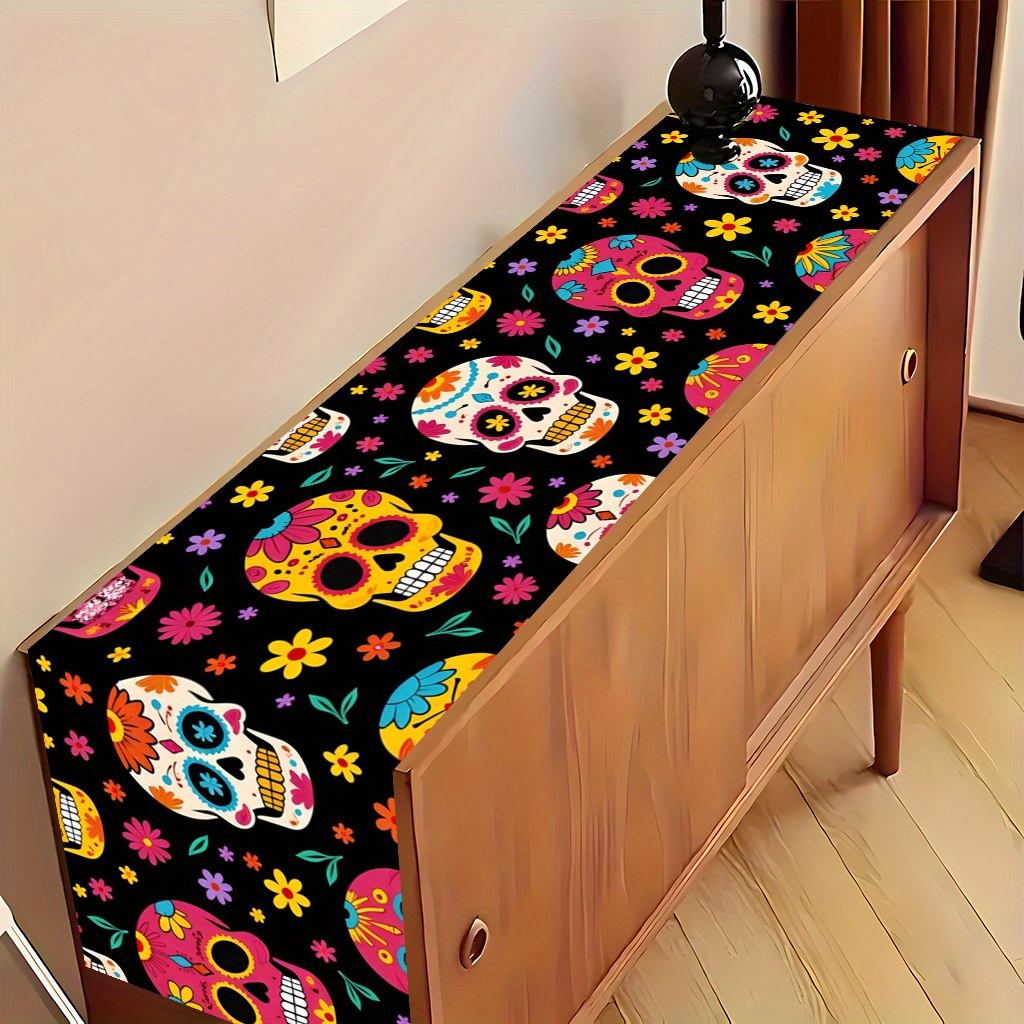TEMU 1pc 2d Of The Dead Seamless Pattern Printed Table Runner | Decorative Polyester Rectangular Tablecloth For Indoor/outdoor Use, Kitchen, Banquet,