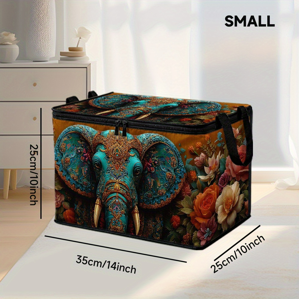 TEMU 1pc Large Capacity Ornate Elephant & Fan-shaped Storage Basket With Lid - Golden Organizer Bin, Contemporary Container Suitable For Under Bed,