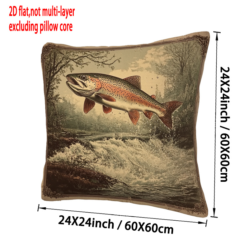 TEMU 1 Vintage Decorative Pillow Cover Featuring A Trout Design, Measuring 18x18 Inches. Plush Cushion Cover Has A Rustic Fishing Theme And A Zipper