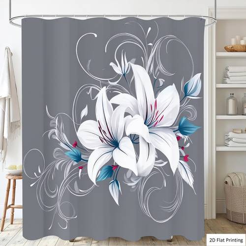 2d flat 2d flat set of 4pcs featuring a with white lilies and decorative elements including a shower curtain a non slip a u shaped a toilet lid cover flat bathtub curtain additions and 12 hooks 2d flat
