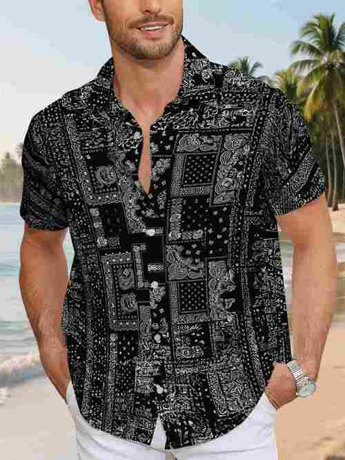 mens short sleeve shirt flat pattern textured free classic paisley black and white print fashionable minimalist short sleeve button up casual collared shirt versatile for dates beach vacations ideal gift for