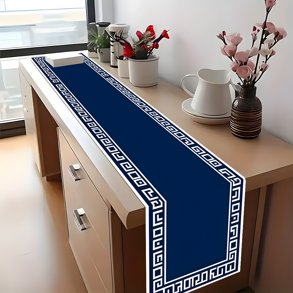 TEMU Tablecover 1pc, A Blue And White Border With A Greek Key1, Elegant Tablecloth, Suitable For Everyday And Formal Dining, New Year's Celebration
