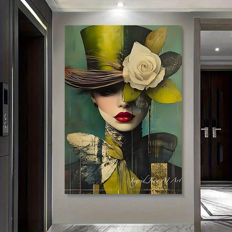 TEMU 2D Flach, 2D Flach, 1 Vintage und modisches Damenporträt-Muster, mit grüner Top Hat, weißen Rosen und Federdekorationen, Weihnachten, 2D Flach,