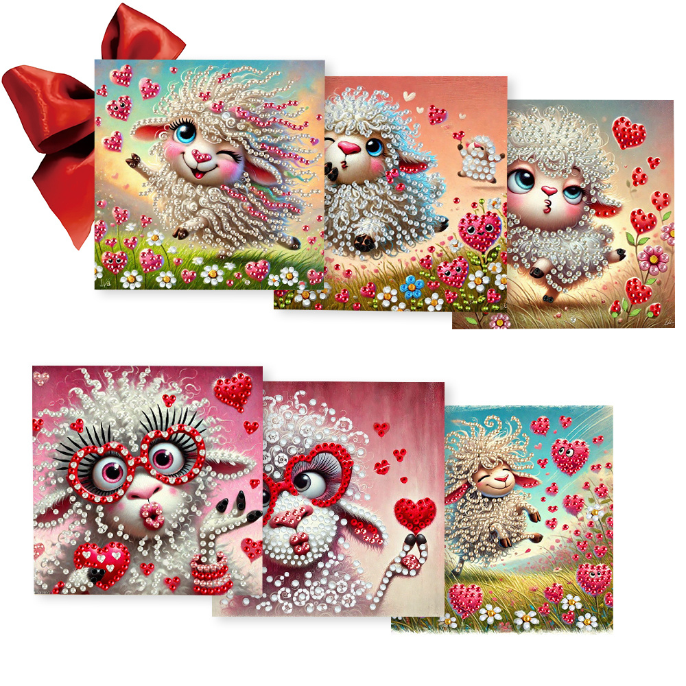 TEMU A Set Of 6 Unique And Creative Cartoon Cute Sheep Heart-themed Birthday Cards With Design. Rhinestone Painting Card Kit Includes 6 Cards, 6