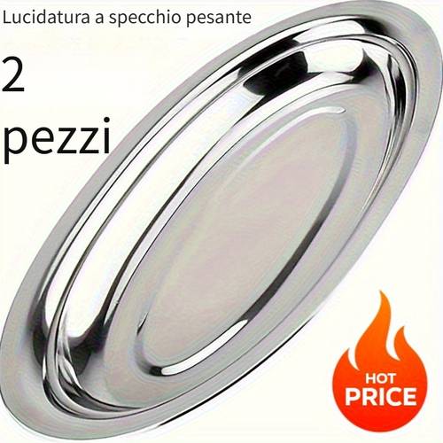 due piastre ovali in acciaio per carico , lucidate a specchio, piastre grandi per a vapore di pesce, dessert, carne, sushi - per cene, barbecue e dessert | design resistente ed elegante per casa, e uso esterno