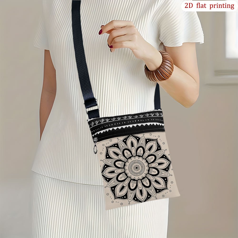 TEMU 1pc Mandala Flower Crossbody Bag With Adjustable Strap & Zipper Closure - Multicolor Mandala Print Small Shoulder Bag, Durable Handbag Suitable