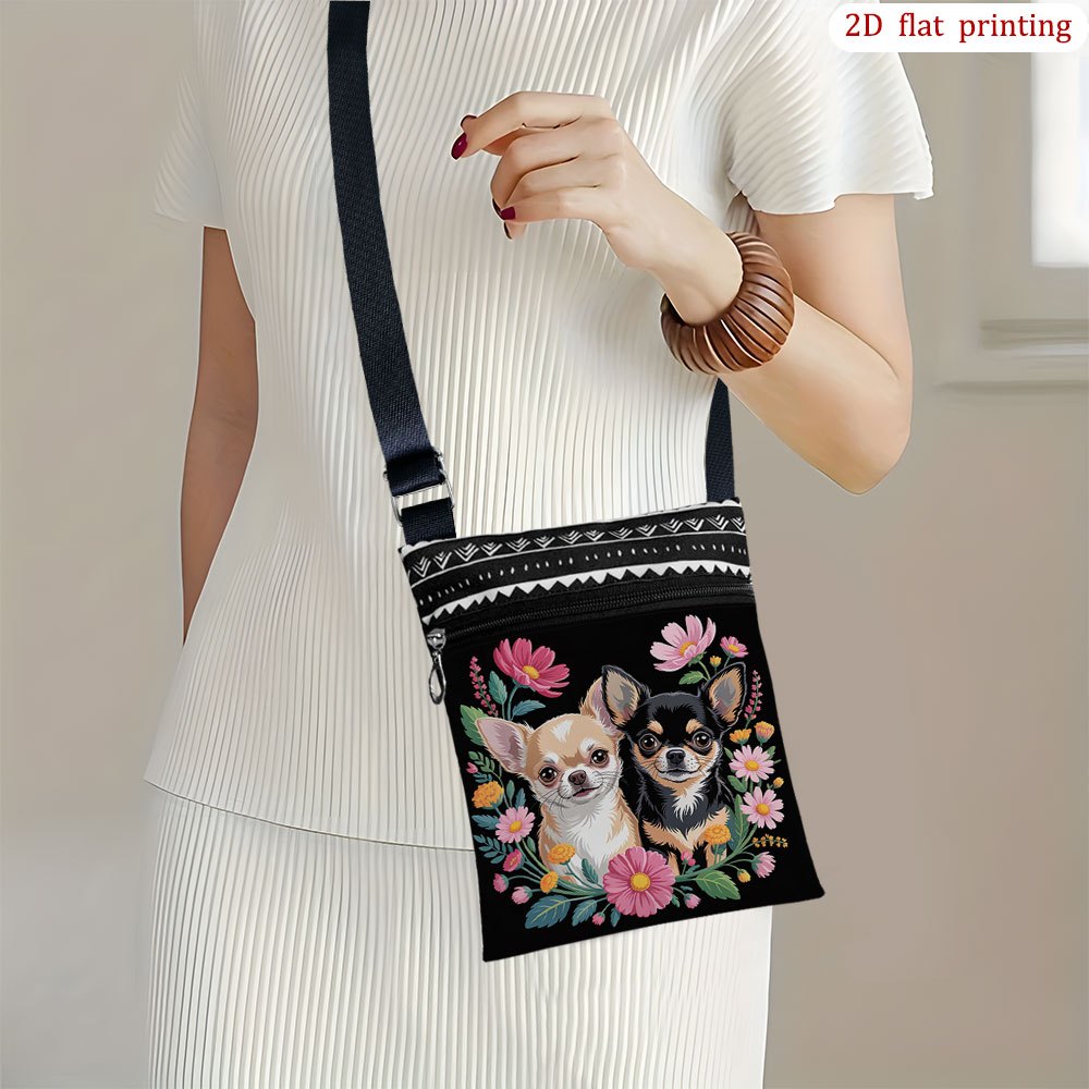TEMU 1pc 2d Flat Printing Chihuahua Flower Petal Green Black Crossbody Bag | Casual Small Shoulder Bag, Suitable For Outdoor Activities, Daily