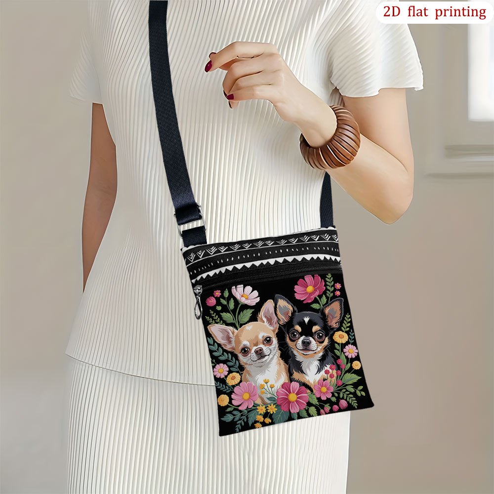TEMU 1pc [2d Flat Printing] Chihuahua Flower Black Crossbody Bag For Daily Use, Featuring Bright Patterns And Sturdy Fabric, Ideal As A Small Favor