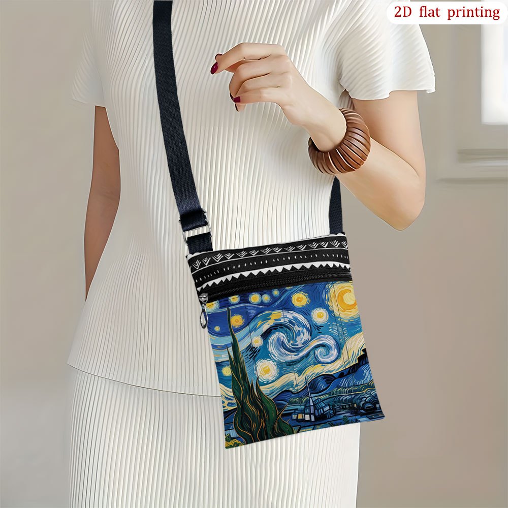 TEMU 1pc [2d Flat Printing] Van 's Starry Night Crossbody Bag For Everyday Use, Multi-colored Casual Small Shoulder Bag Gift For Bachelor Party Ideal