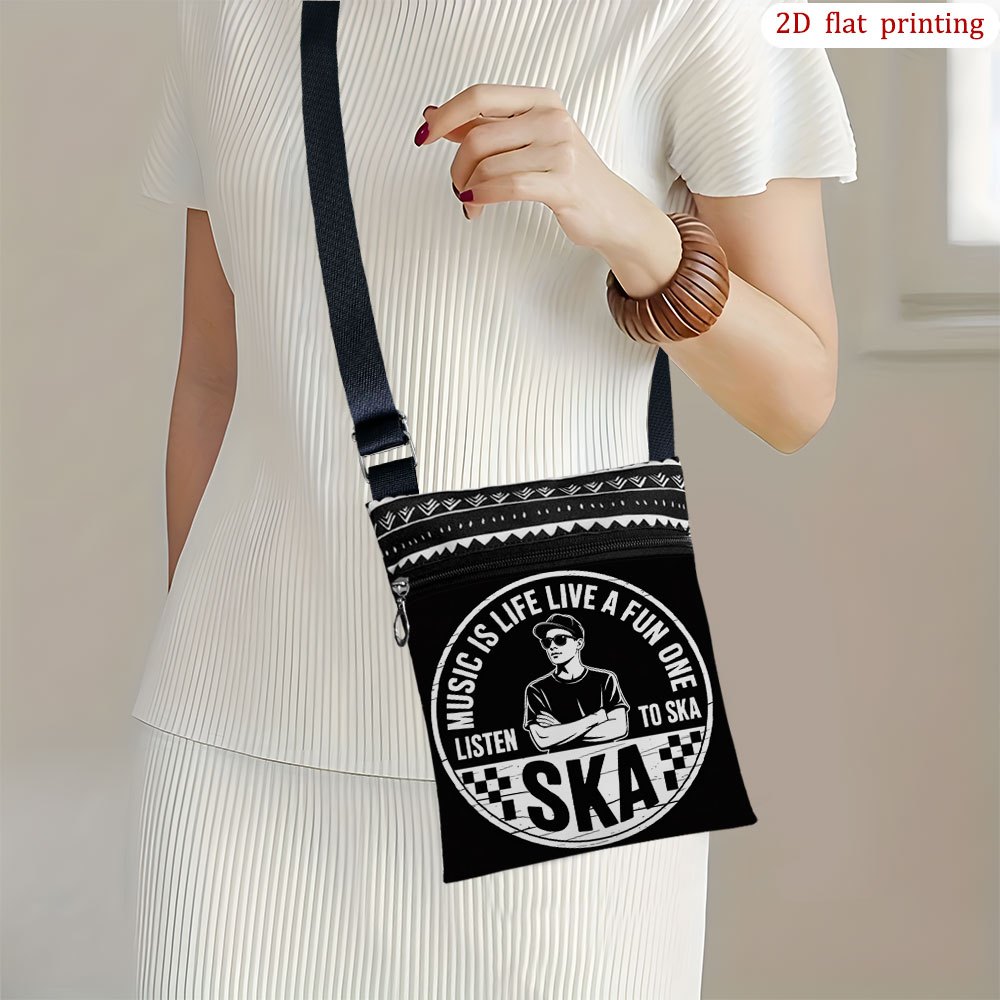 TEMU 1pc Music-themed Crossbody Bag With Ska Tune & Music Note Print - Adjustable Strap, Zipper Closure, Durable Fabric Handbag Suitable For Travel,