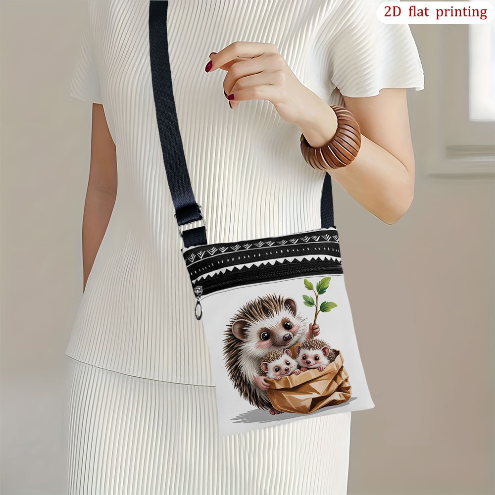 TEMU 1pc Hedgehog Print Crossbody Bag - Cute Hedgehog & Hedgehog Family Patterns, Adjustable Strap & Zipper Closure, Durable Handbag Suitable For