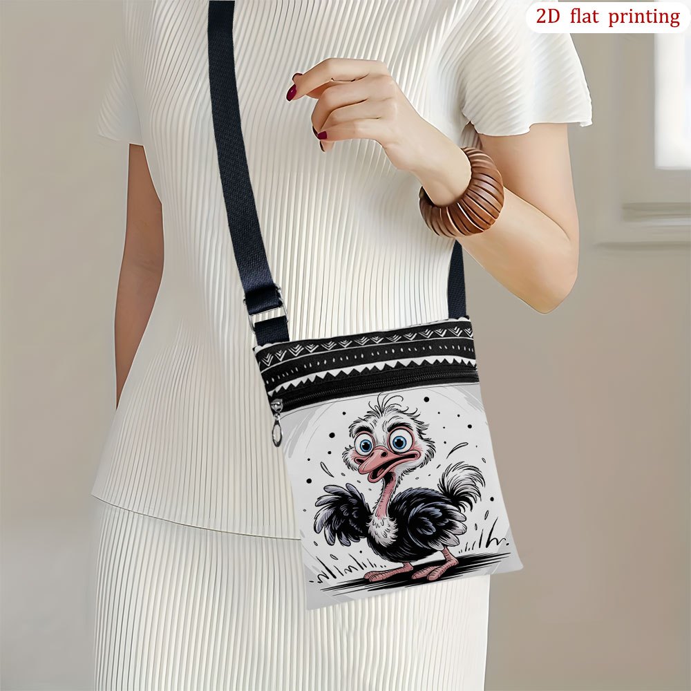 TEMU 1 stuk Kruisbodytas met Struisvogelprint - Casual Bootvormige Handtas met Verstelbare Band & Rits, Multicolor Struisvogeldesign, Duurzame Tas