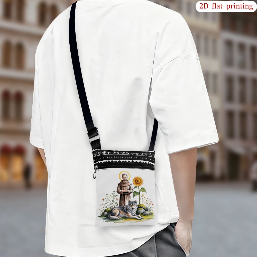 TEMU 1pc [2d Flat Printing] Sunflower Saint Francis Wolf Crossbody Bag For Daily Use, , Sturdy Fabric Small Phone Bag, Perfect Gift For Birthday