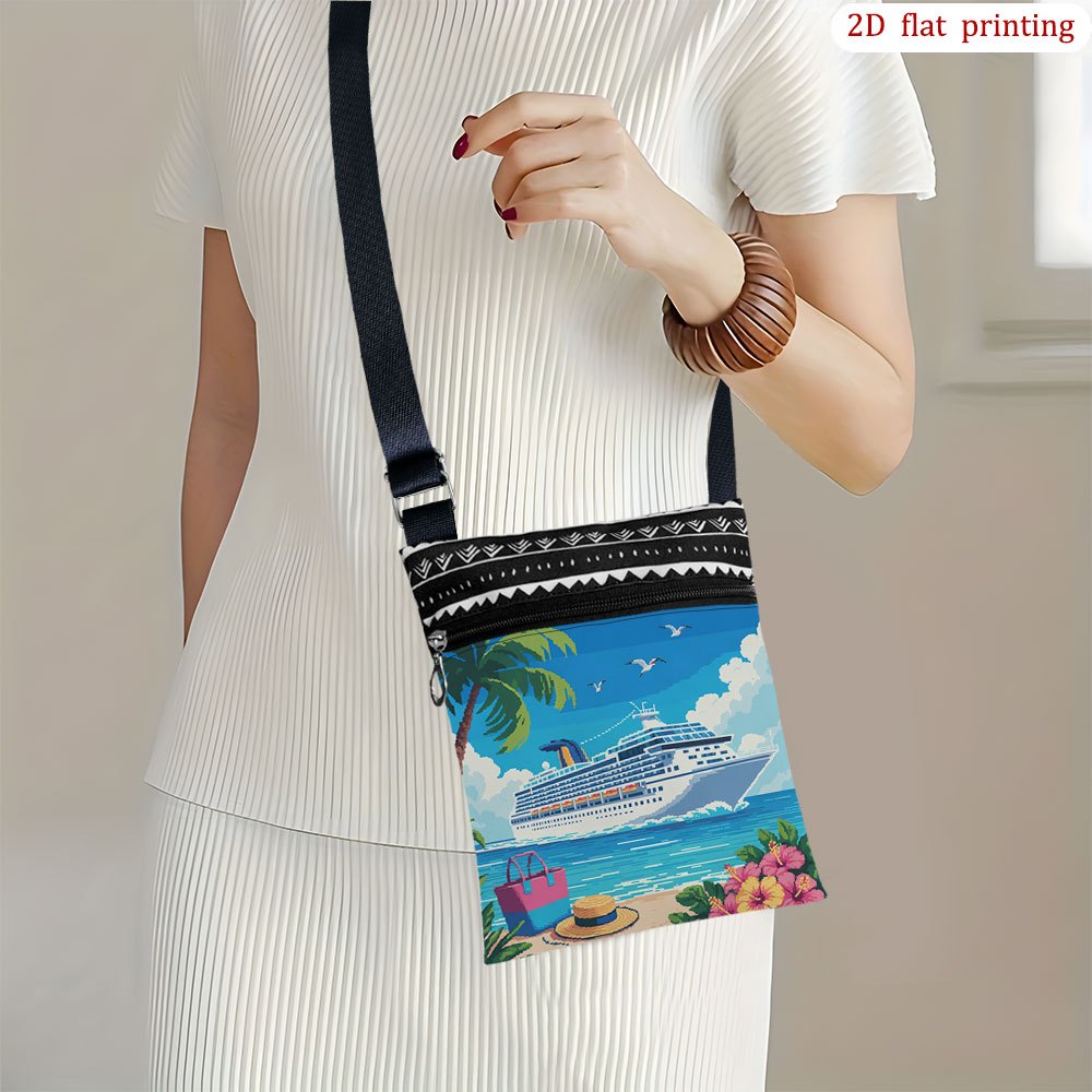 TEMU 1pc [2d Flat Printing] Crossbody Bag Featuring A Cruise Ship Beach Scene, Daily Use. This Stylish And Lightweight Small Phone Bag Comes In Mixed