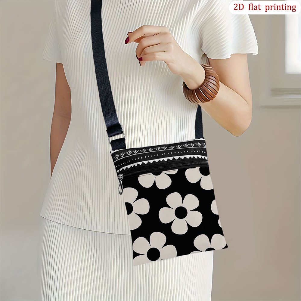 TEMU 1pc [2d Flat Printing] Black And Crossbody Bag For Daily Use, Style Lightweight Small Phone Bag Gift For Birthday For Travel, Camping, And