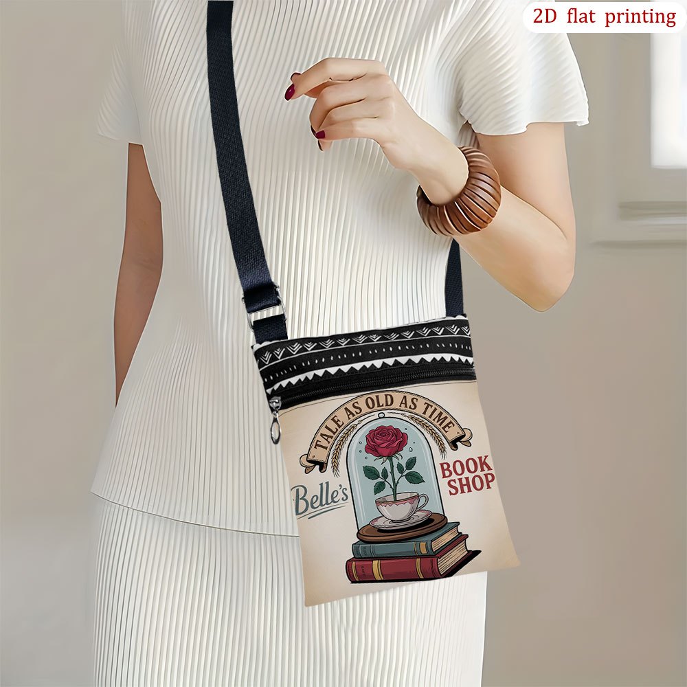 TEMU 1pc Book Print Crossbody Bag - , Adjustable Strap & Zipper Closure, Durable Book Cover Bag Suitable For Beach Trips, Wedding Guest Accessory,