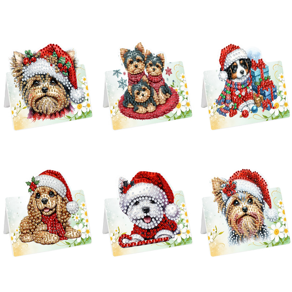 TEMU 6pcs Gift Set For All , Christmas Puppy Birthday-themed Diamond Painting Greeting Card Diy Irregular-shaped Rhinestone Painting Card Crafts,