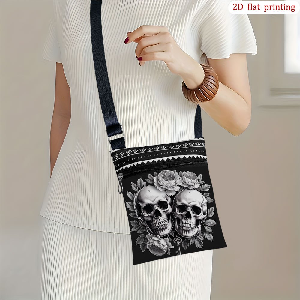 E-shop 2D Flachdruck Totenkopf Blume Umhängetasche | Lebendige Muster, Stilvolle Leichtigkeit, Geeignet für Reisen, Camping, Täglichen Gebrauch,