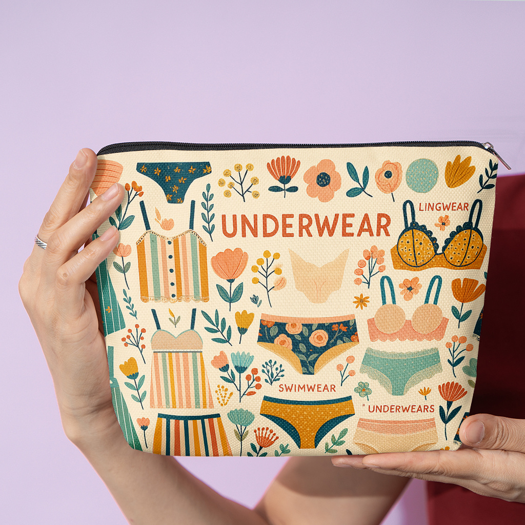 TEMU Cosmetic Bag 1pc, Underwear And Floral Patterns, Stylish Zippered Wallets, Work Snack Bags, Skincare Product Organizers, Double-sided Printed