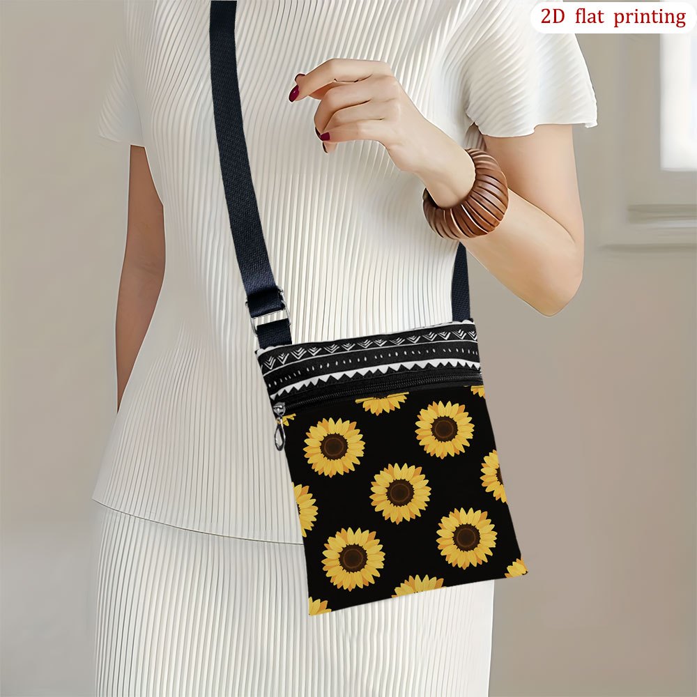 TEMU 1pc Adjustable Crossbody Bag With Sunflower Pattern - Casual Zipper Closure Small Phone Purse, Durable Handbag Suitable For Beach Trips, Wedding