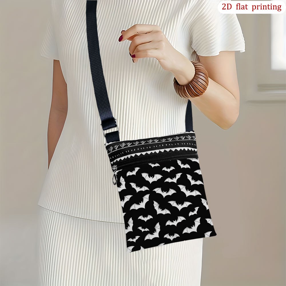 TEMU 1pc Bat Print Crossbody Bag Compatible For Travel, Camping & Parties - Lightweight Small Boat-shaped Shoulder Bag With Adjustable Strap, Zipper