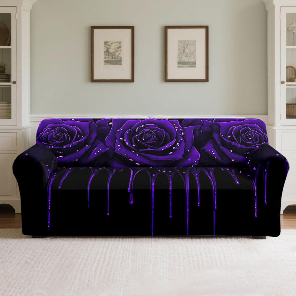TEMU 1pc Elegant Purple Sofa Cover Compatible For 1/2/3/4-seater Sofas - Milk Chenille Fabric, Space-saving Elastic Cover With One-person Strap,
