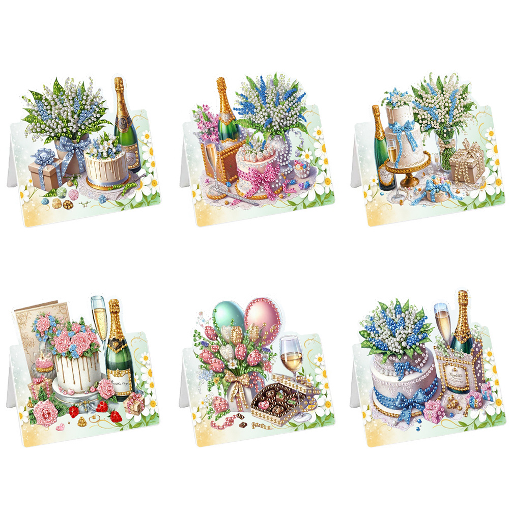 TEMU 6 Pièces : Cartes de Vœux Peinture Diamant sur le Thème Gâteau, Fête, Champagne, Anniversaire. Loisir Créatif DIY Peinture à Strass de