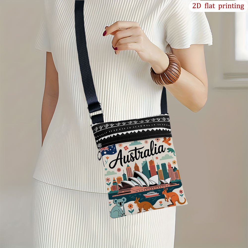 TEMU 1pc Australia Sydney Opera House & Koala Crossbody Bag - Australian-themed 2d Flat Print, Lightweight With Adjustable Strap & Zipper Closure,