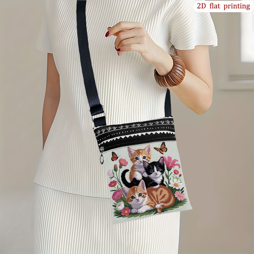 TEMU 1pc [2d Flat Printing] Kitten Flower Crossbody Bag For Daily Use, Featuring Vibrant Patterns, Stylish And Lightweight Small Gift Bags Ideal For