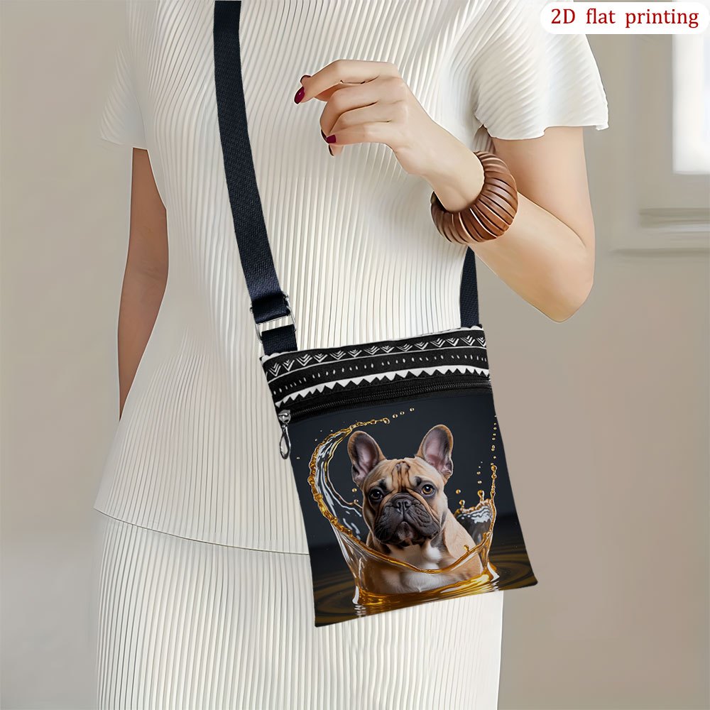 TEMU 1pc French Crossbody Bag With Splash View Frenchie Design - Adjustable Strap & Zipper Closure, Durable Casual Handbag Suitable For Beach Trips,