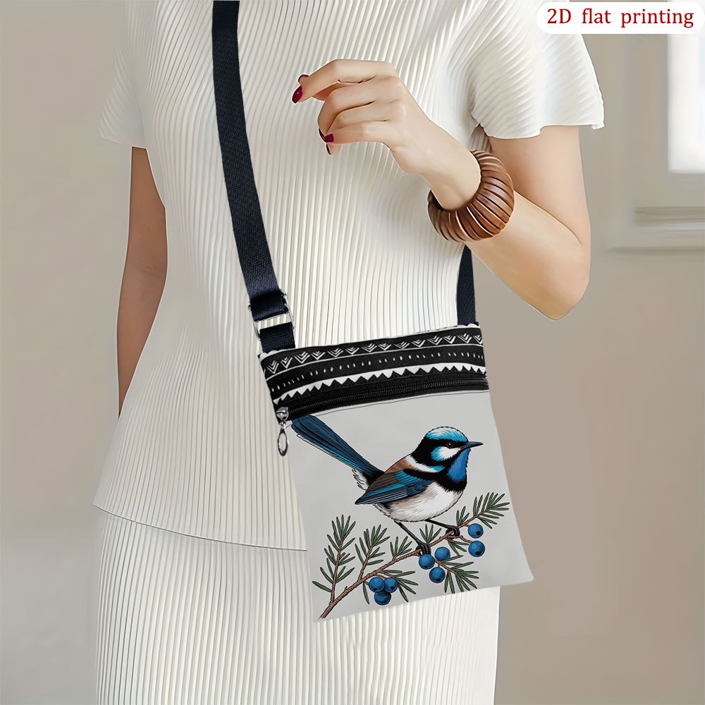 TEMU 1pc [2d Flat Printing] Crossbody Bag Featuring A Blue On A Branch With Berries, Ideal For Daily Use, Sturdy And Portable Small Shoulder Bag,